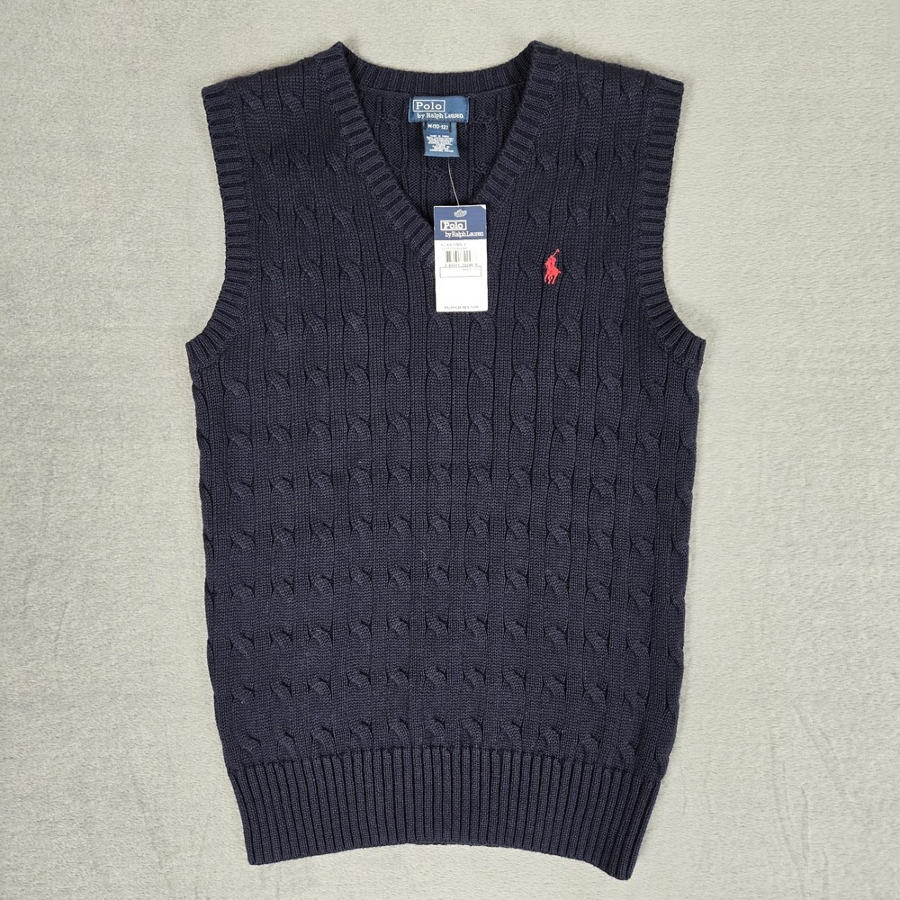 Polo Ralph Lauren Sweater Boy Youth Medium 10-12 Blue Knit Vest Cotton Red Pony